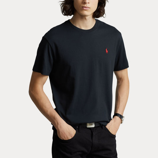 POLO RALPH LAUREN T-shirt nera mezza manica  con logo pony rosso